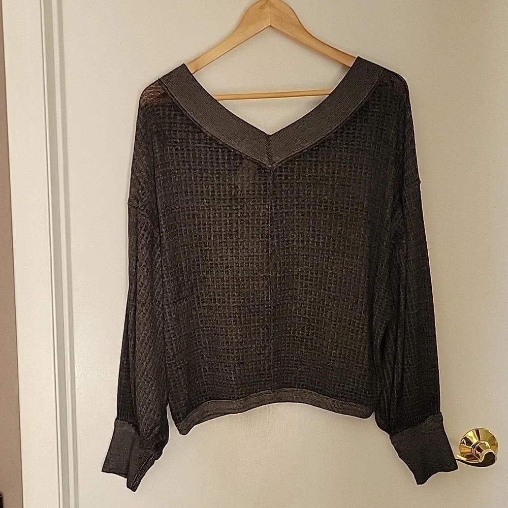 Free People Gray Charcoal Waffle Knit Long Balloon Sleeve Off Shoulder Vneck Top